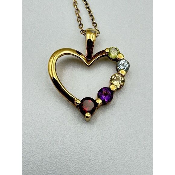 Vermeil 925 Sterling Silver Heart Pendant 5 Prong Set Natural Stone 18” Chain - Picture 2 of 7